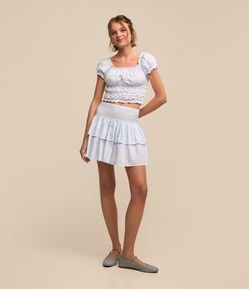 Saia em Tricoline com Lastex no Cós e Estampa Listrada