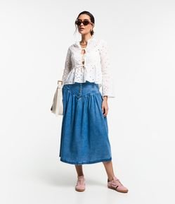 Saia Midi em Jeans Jeans Destroyer com Recorte V Franzido