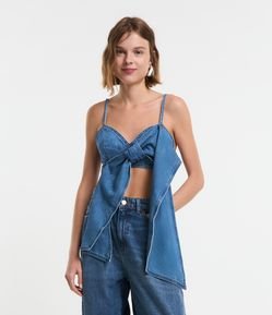 Top em Jeans com Laço Frontal e Lastex nas Costas