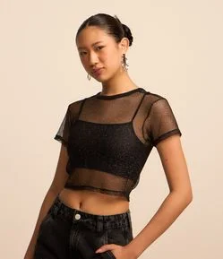 Blusa Cropped em Fio Metalizado com Top Interno
