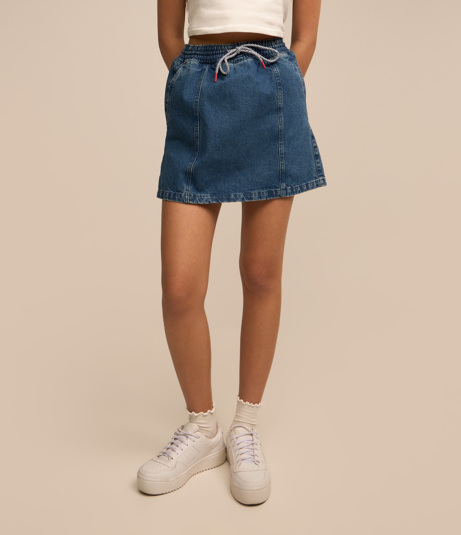 Saia em Jeans com Lastex e Amarração no Cós Azul 2