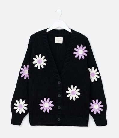 Cardigan Infantil em Tricô com Bordado de Flores - Tam 5 a 14 Anos Cardigan Infantil em Tricô com Bordado de Flores - Tam 5 a 14 Anos
