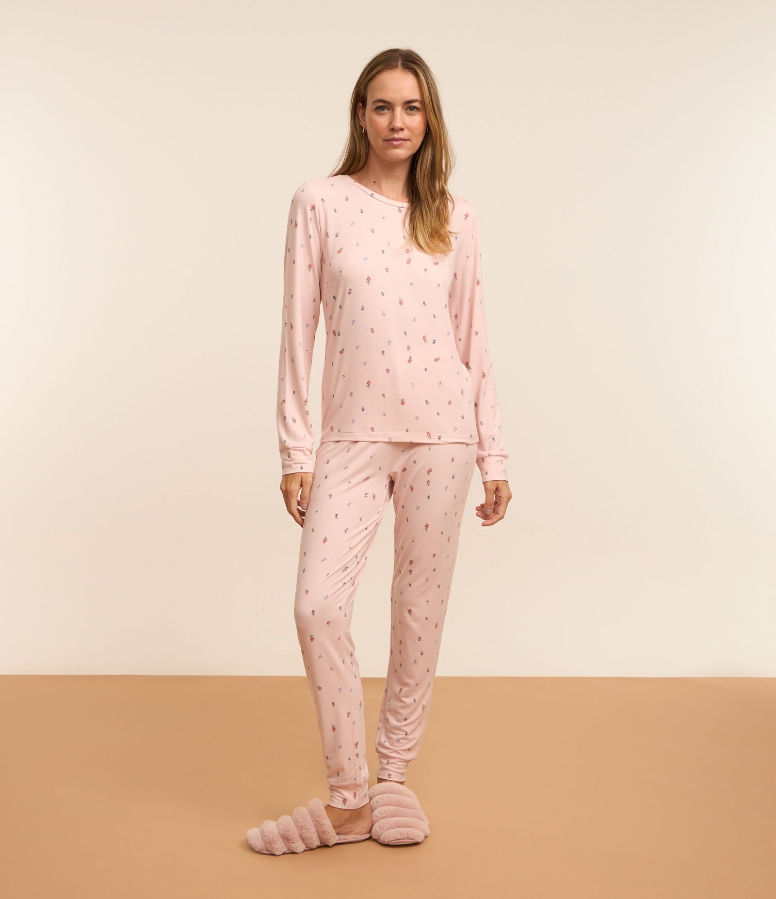Pijama Longo de Toque Suave com Estampa Floral Rosa 3