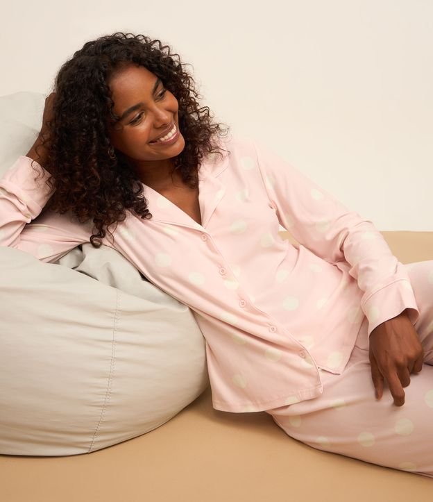 Pijama Longo com Toque Suave e Estampa de Poá