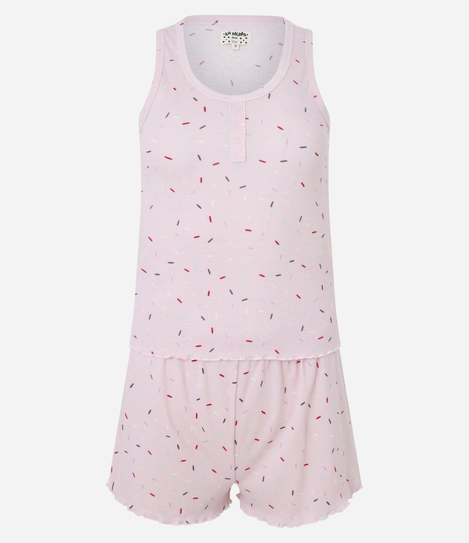 Pijama Short Doll Regata Larga em Ribana com Estampa de Tracinhos Rosa 4