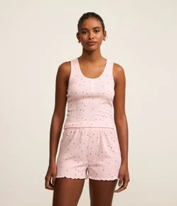 Pijama Short Doll Regata Larga em Ribana com Estampa de Tracinhos