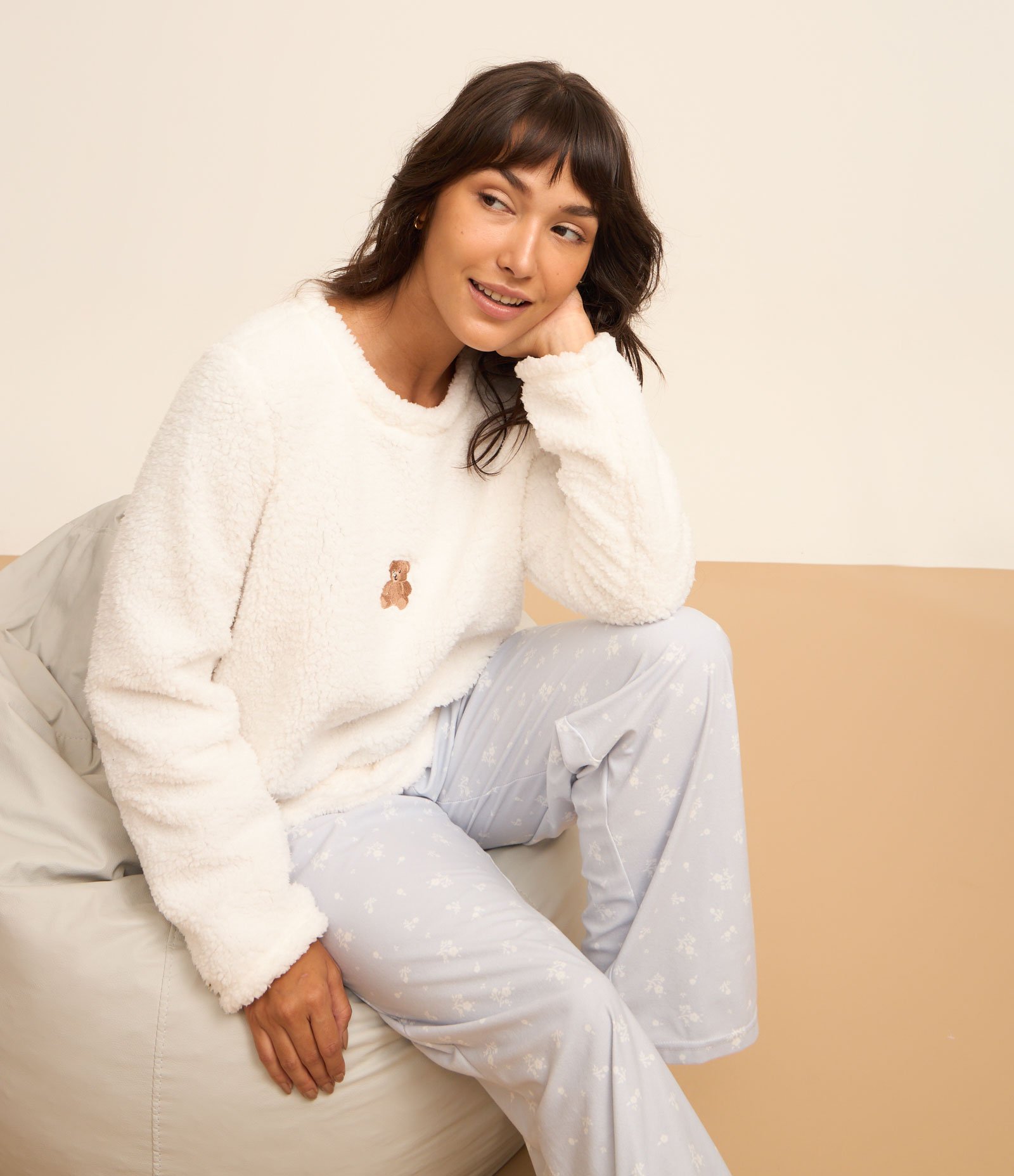Pijama Longo em Sherpa com Estampa Smile Branco/Azul 1