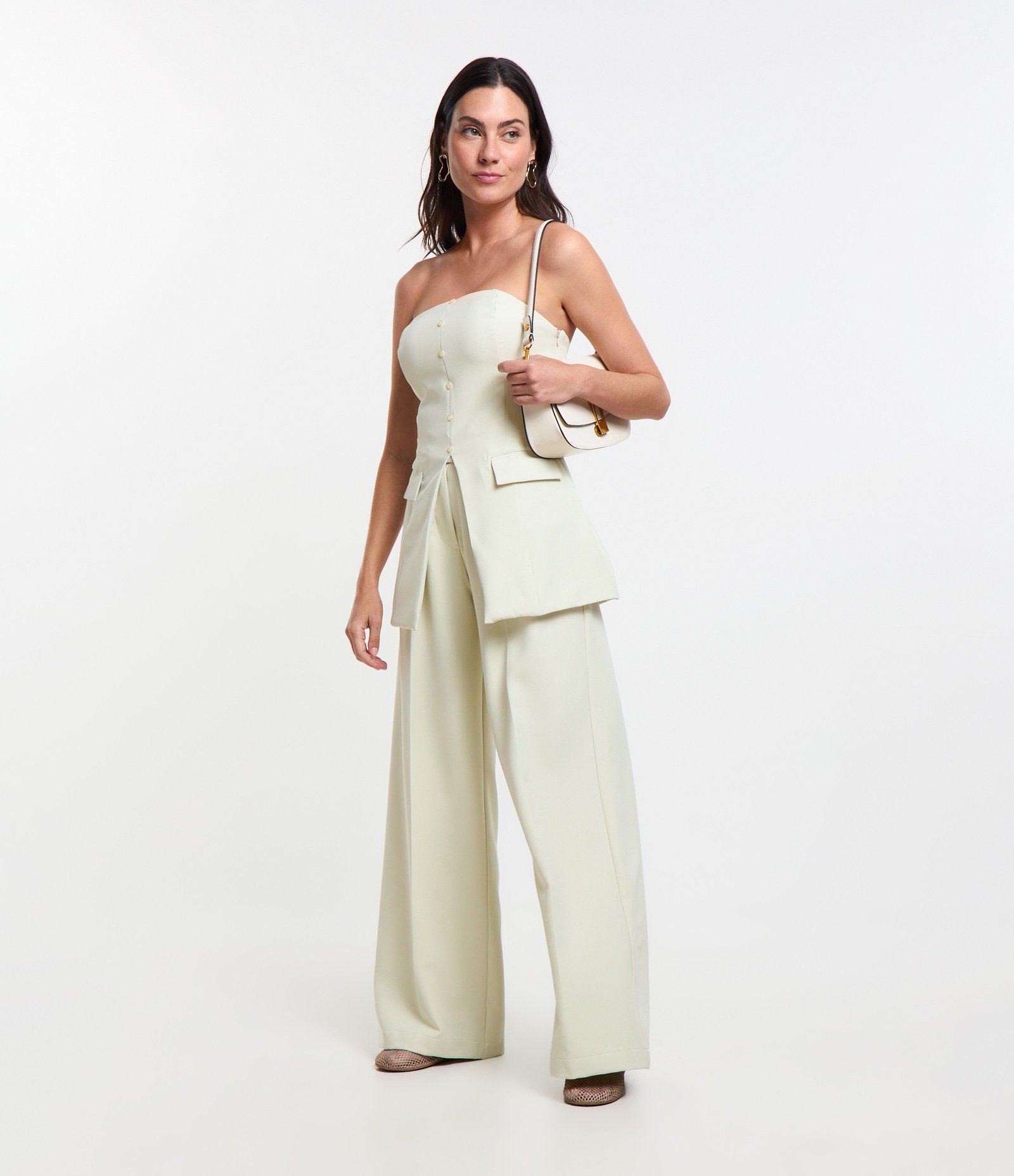 Calça Wide Leg Alfaiatada com Bolsos Faca e Pregas Off White 1