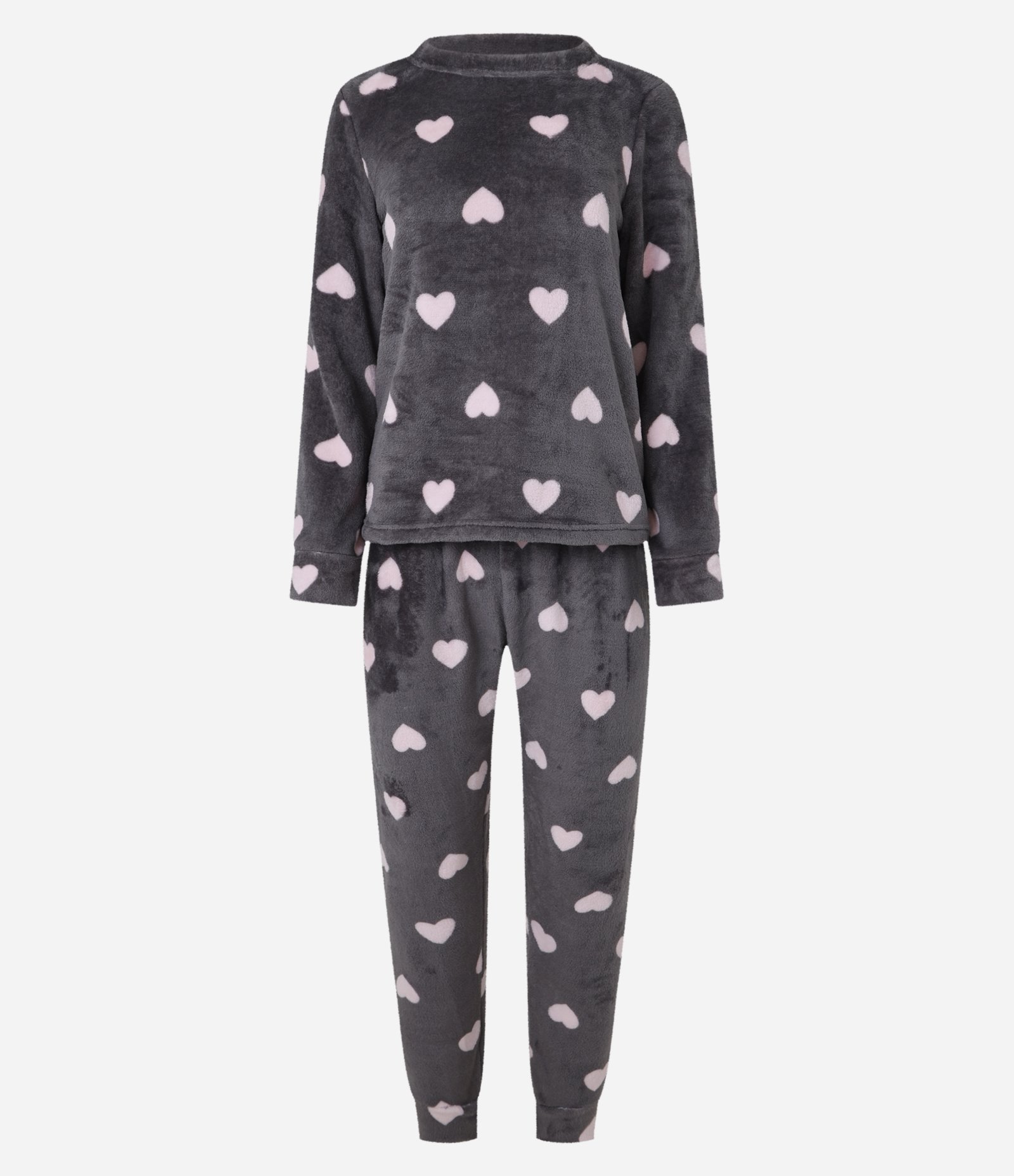 Pijama Longo em Fleece com Corações Contrastantes Cinza 3