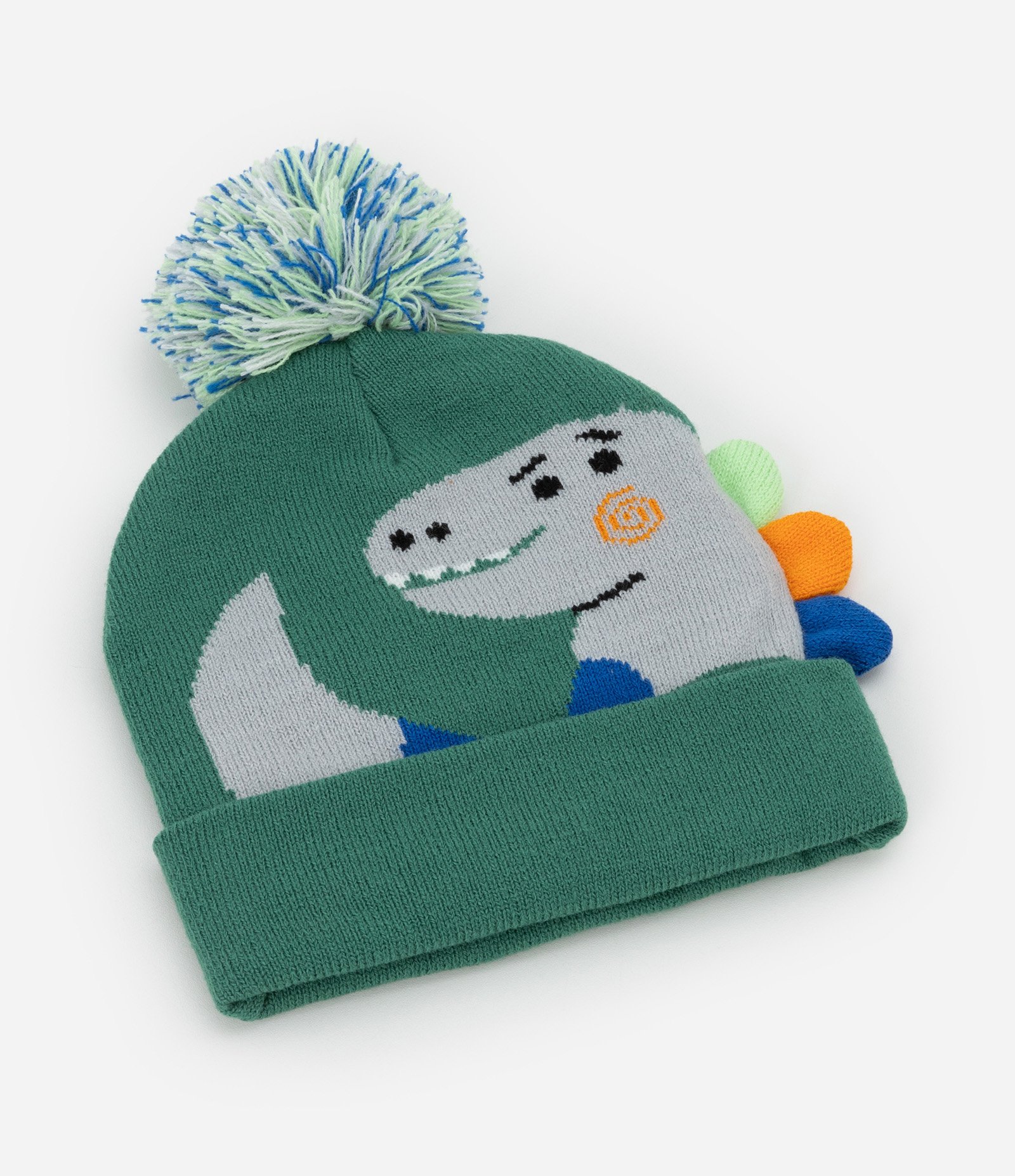 Gorro Infantil em Efeito Tricô com Dinossauro 3D e Pompom – Tam U Verde 1