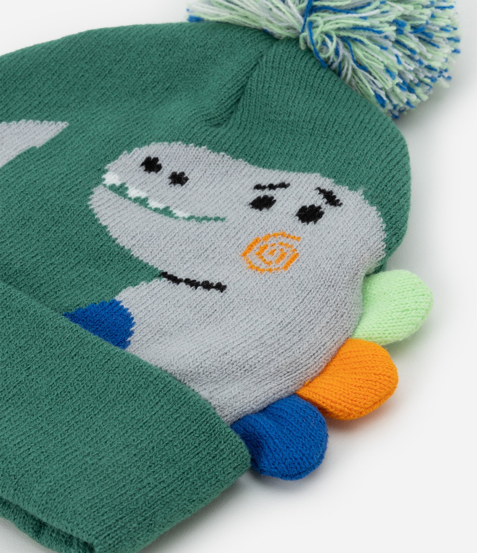 Gorro Infantil em Efeito Tricô com Dinossauro 3D e Pompom – Tam U Verde 2