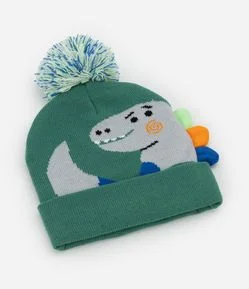 Gorro Infantil em Efeito Tricô com Dinossauro 3D e Pompom – Tam U