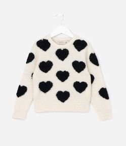 Suéter Infantil em Tricô com Estampa Corações - Tam 5 a 14 Anos