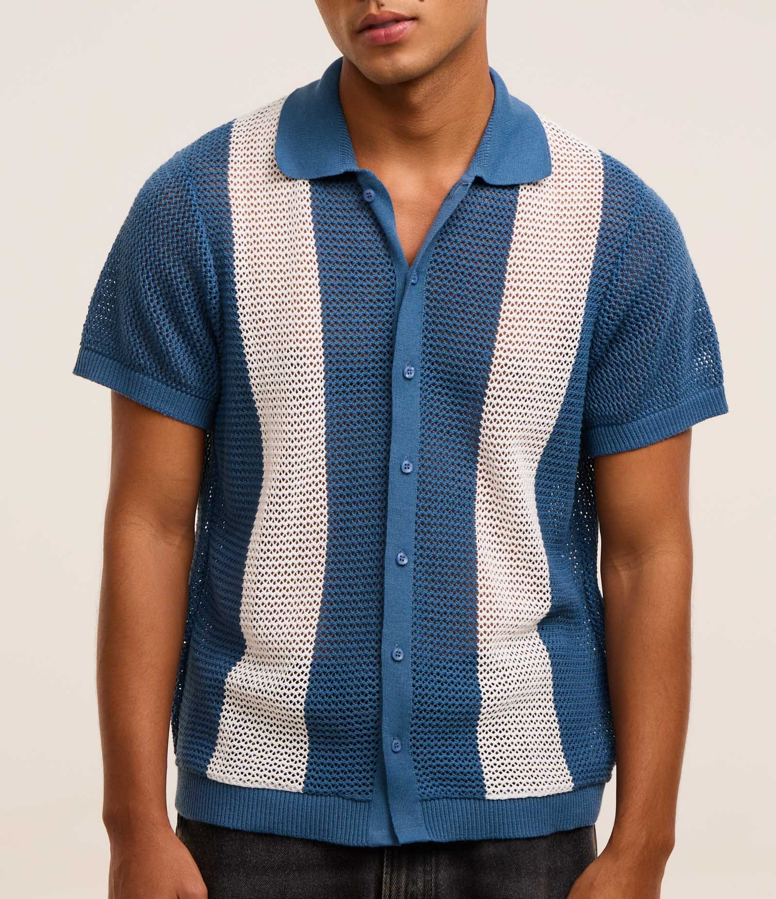 Camisa Comfort com Efeito em Tricô Listrada Azul/Branco 3