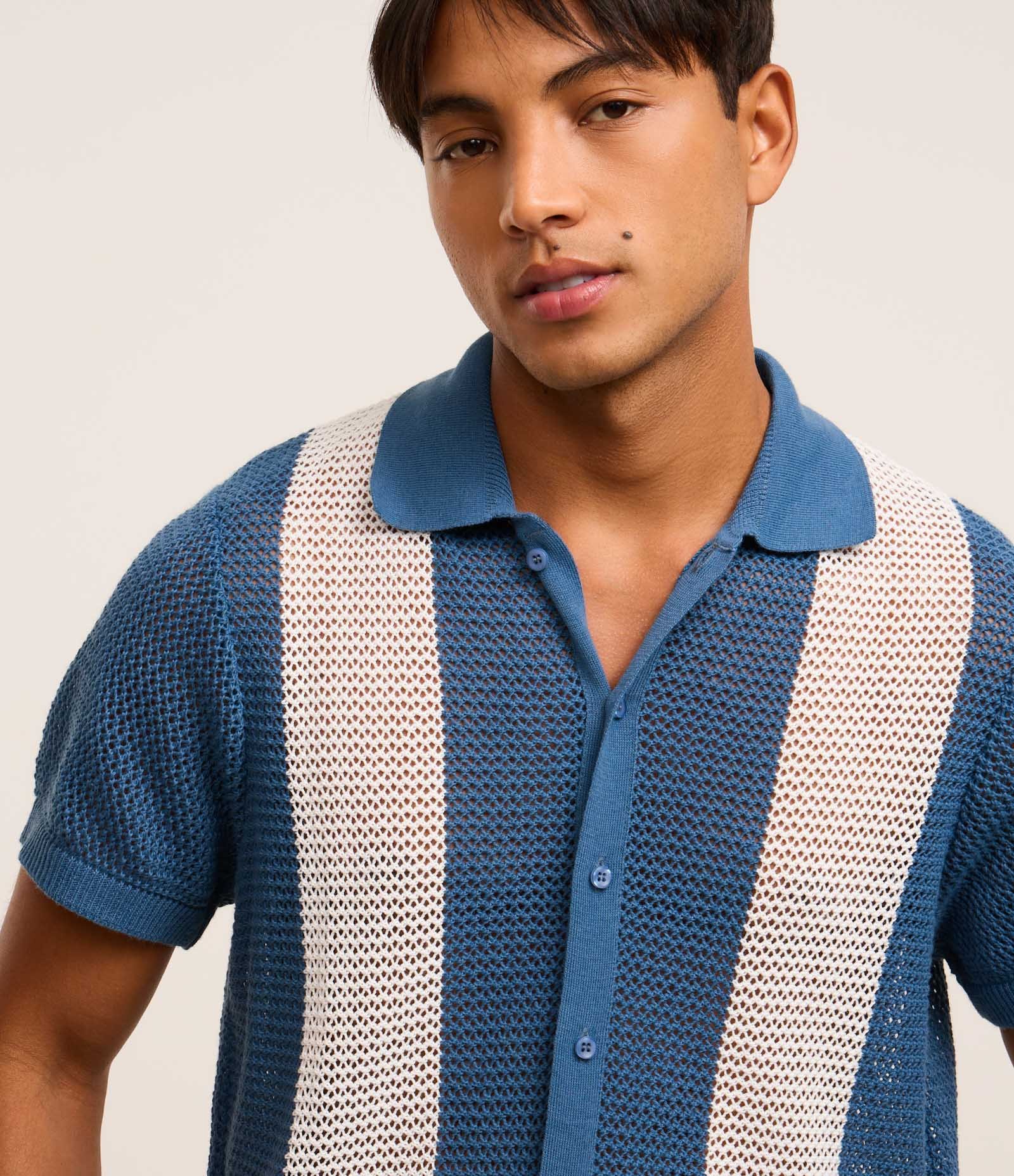 Camisa Comfort com Efeito em Tricô Listrada Azul/Branco 4