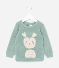 Suéter Infantil Peluciado com Estampa Bichinho - Tam 0 a 18 meses