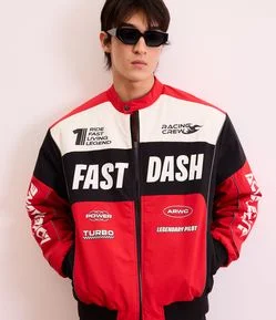 Jaqueta em Microfibra com Gola com Botão e Estampa Lettering Harsh Racing