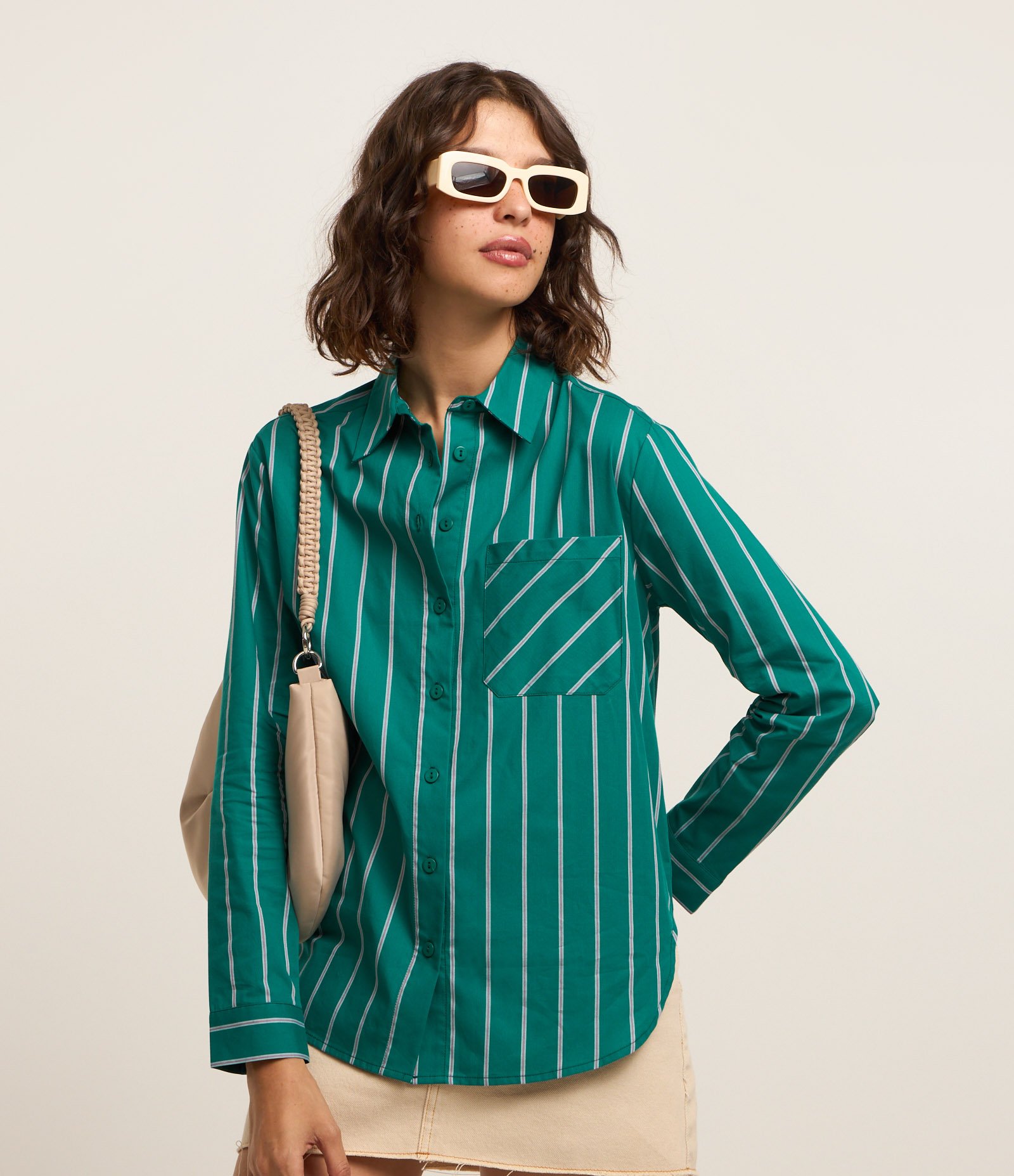 Camisa em Tricoline com Listras em Fio Tinto Verde 1