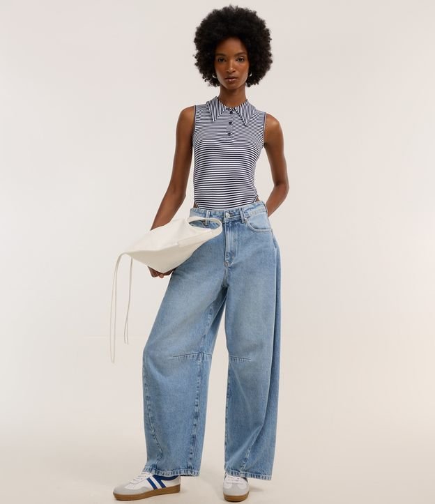 Body em Poliamida Seamless com Gola Polo e Listras