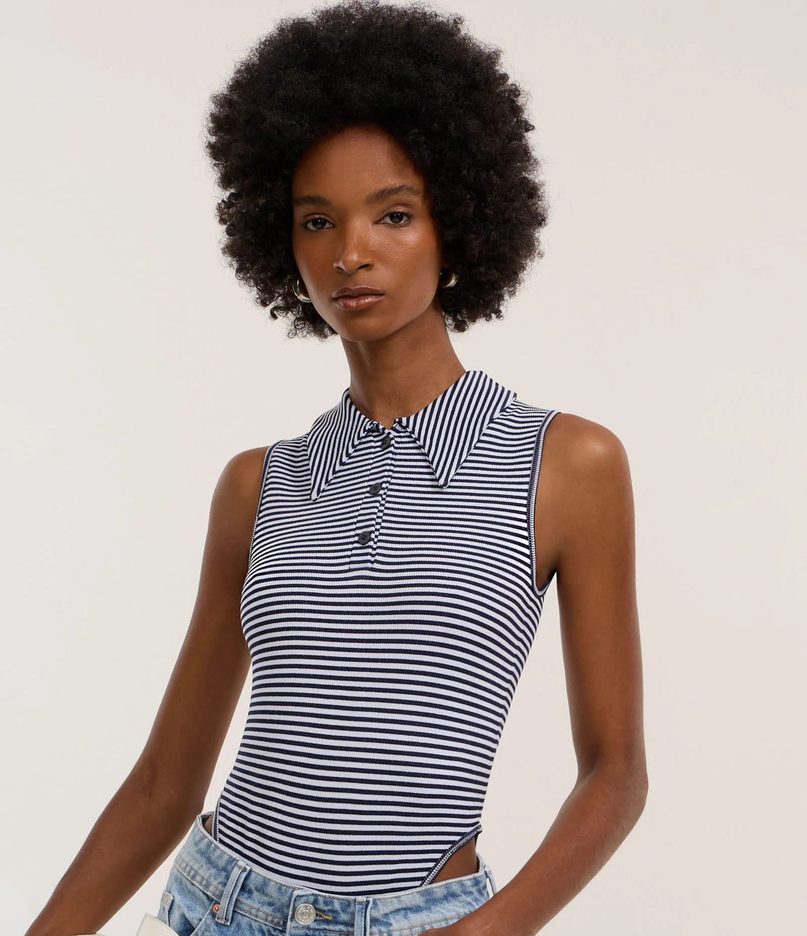 Body em Poliamida Seamless com Gola Polo e Listras Azul 1