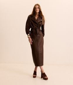 Saia Lápis Midi em PU com Zíper Frontal