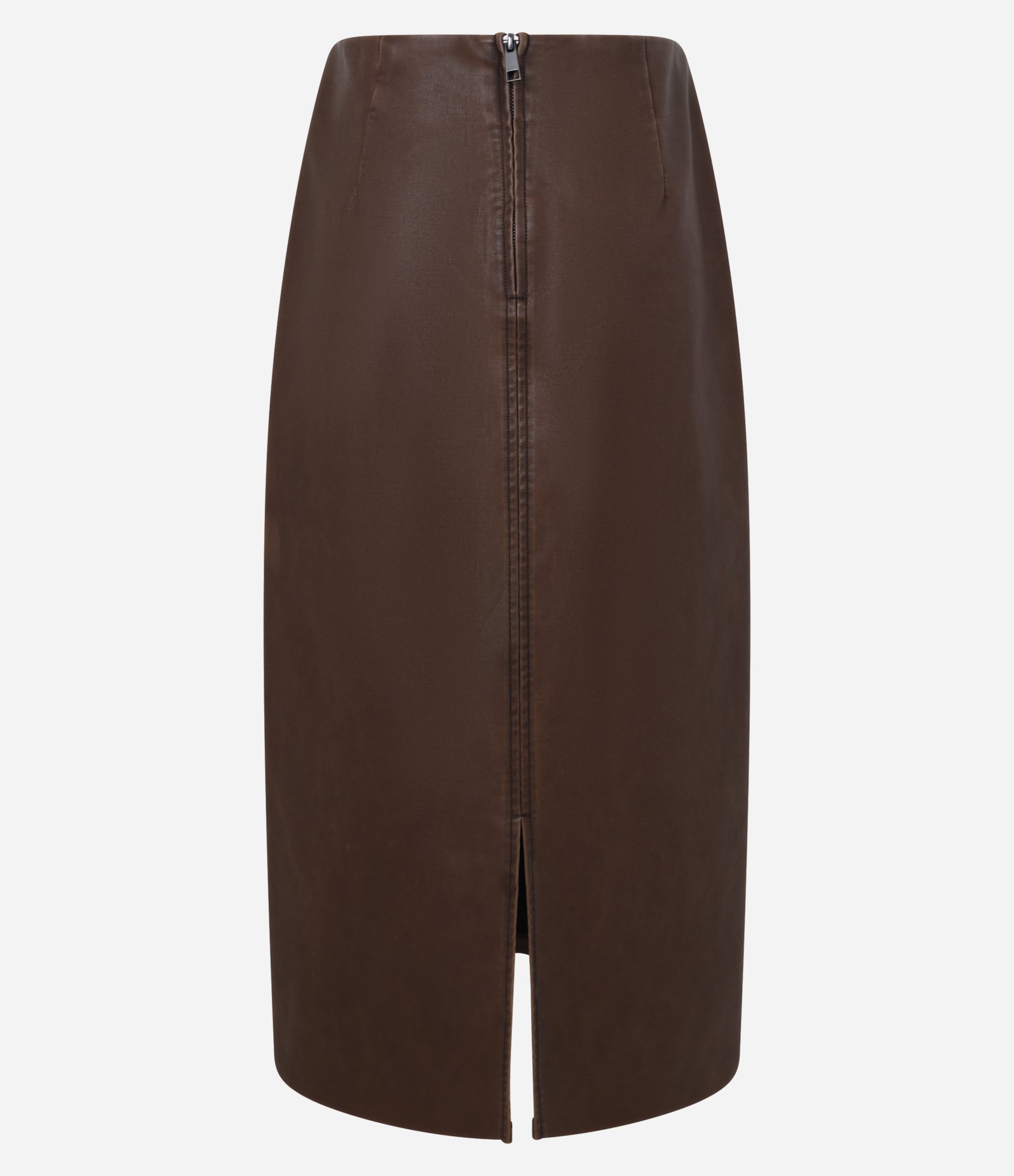 Saia Lápis Midi em PU com Zíper Frontal Marrom 12