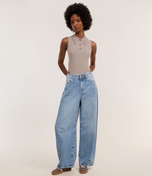 Body em Poliamida Seamless com Gola Polo e Listras