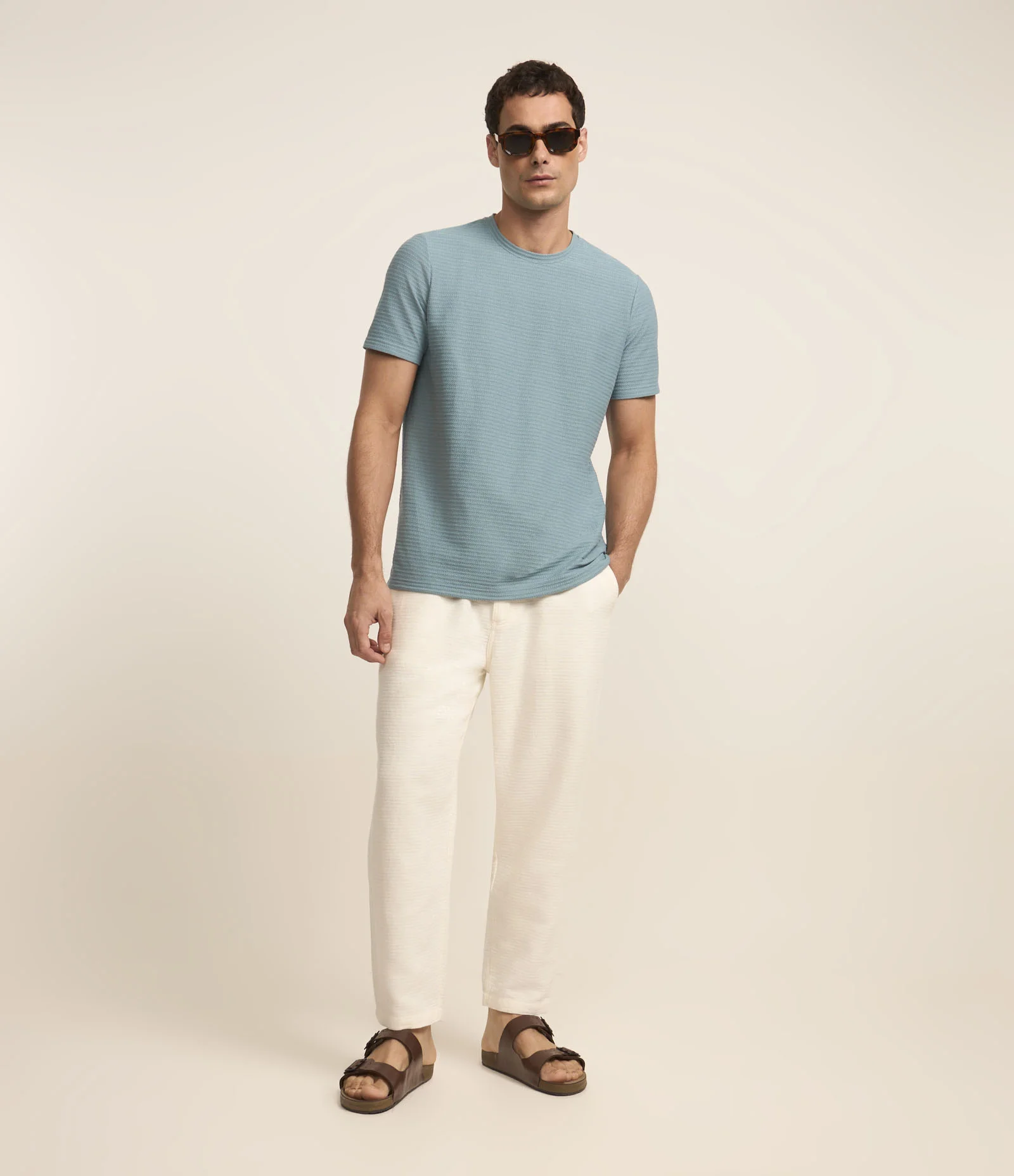 Camiseta Regular em Algodão com Textura Azul 2