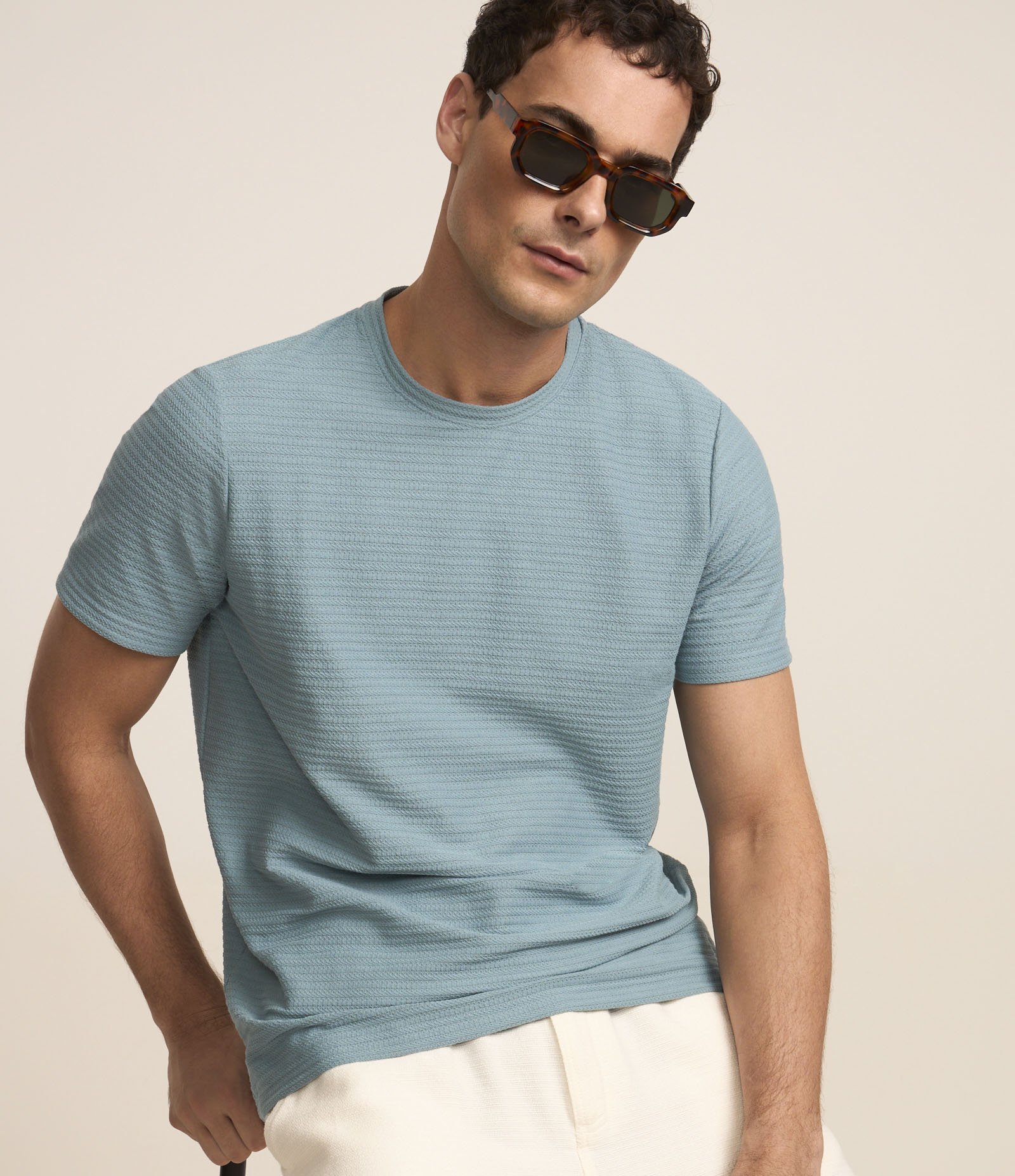 Camiseta Regular em Algodão com Textura Azul 5