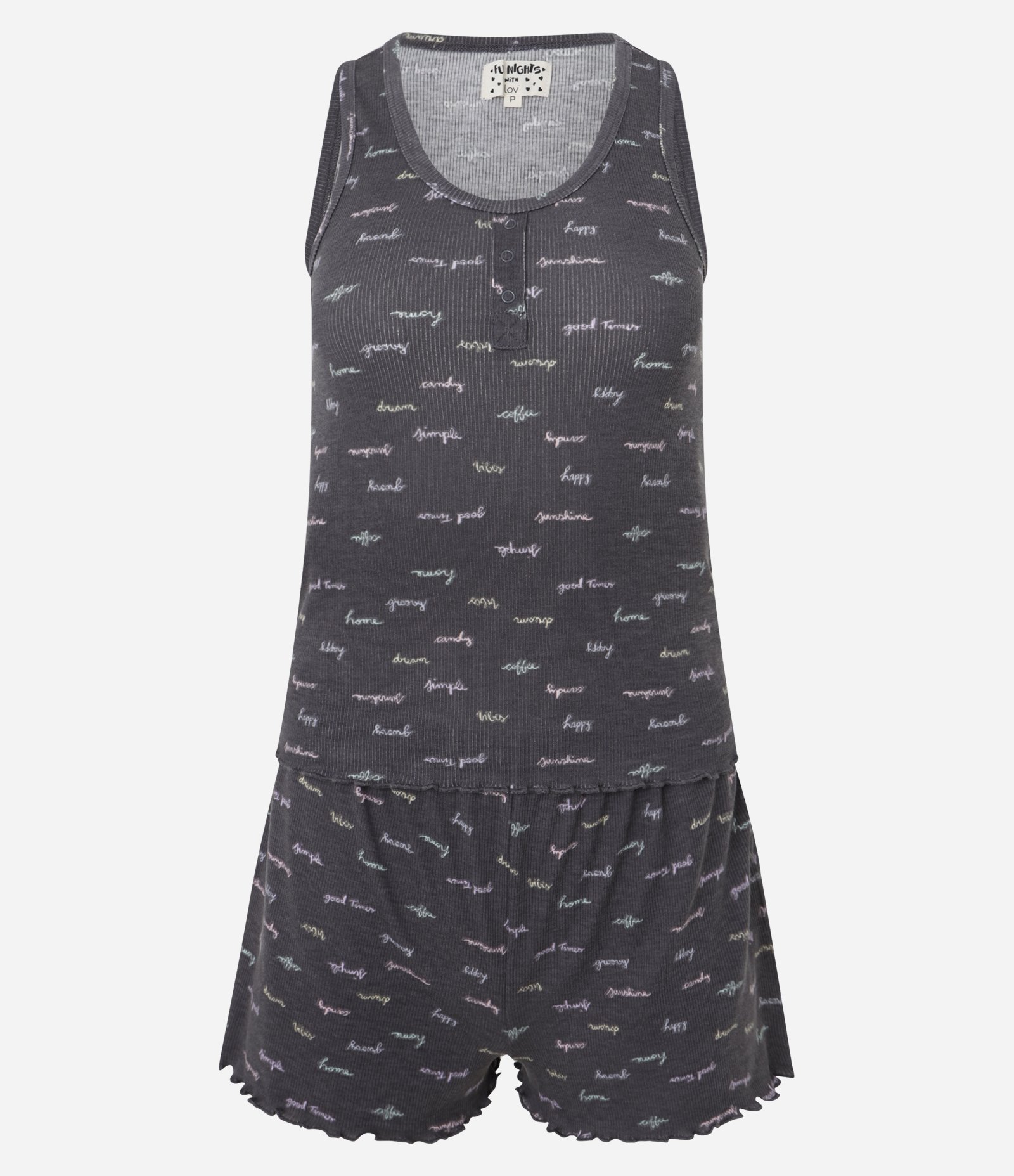 Pijama Short Doll Regata Larga em Ribana com Estampa de Palavras Cinza 1