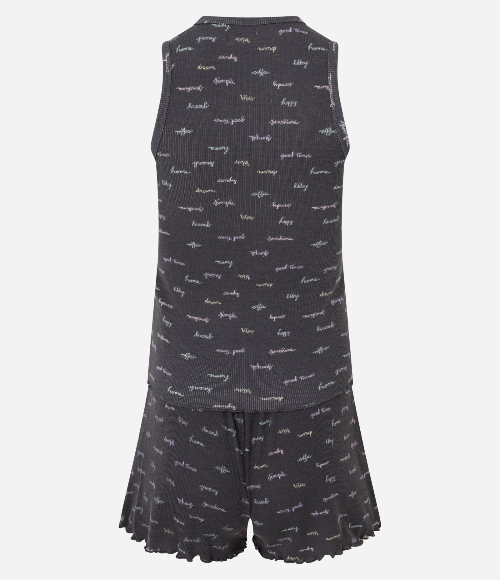 Pijama Short Doll Regata Larga em Ribana com Estampa de Palavras Cinza 2