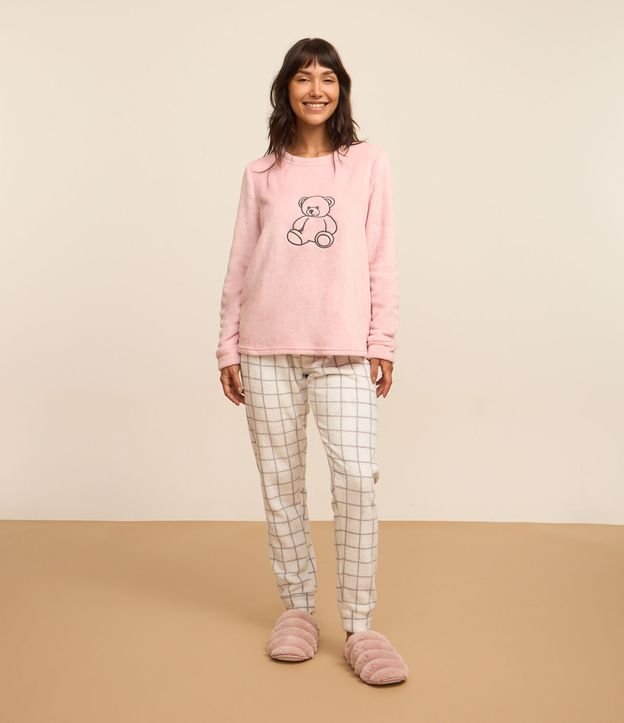 Pijama Longo em Fleece com Estampa de Ursinho e Xadrez
