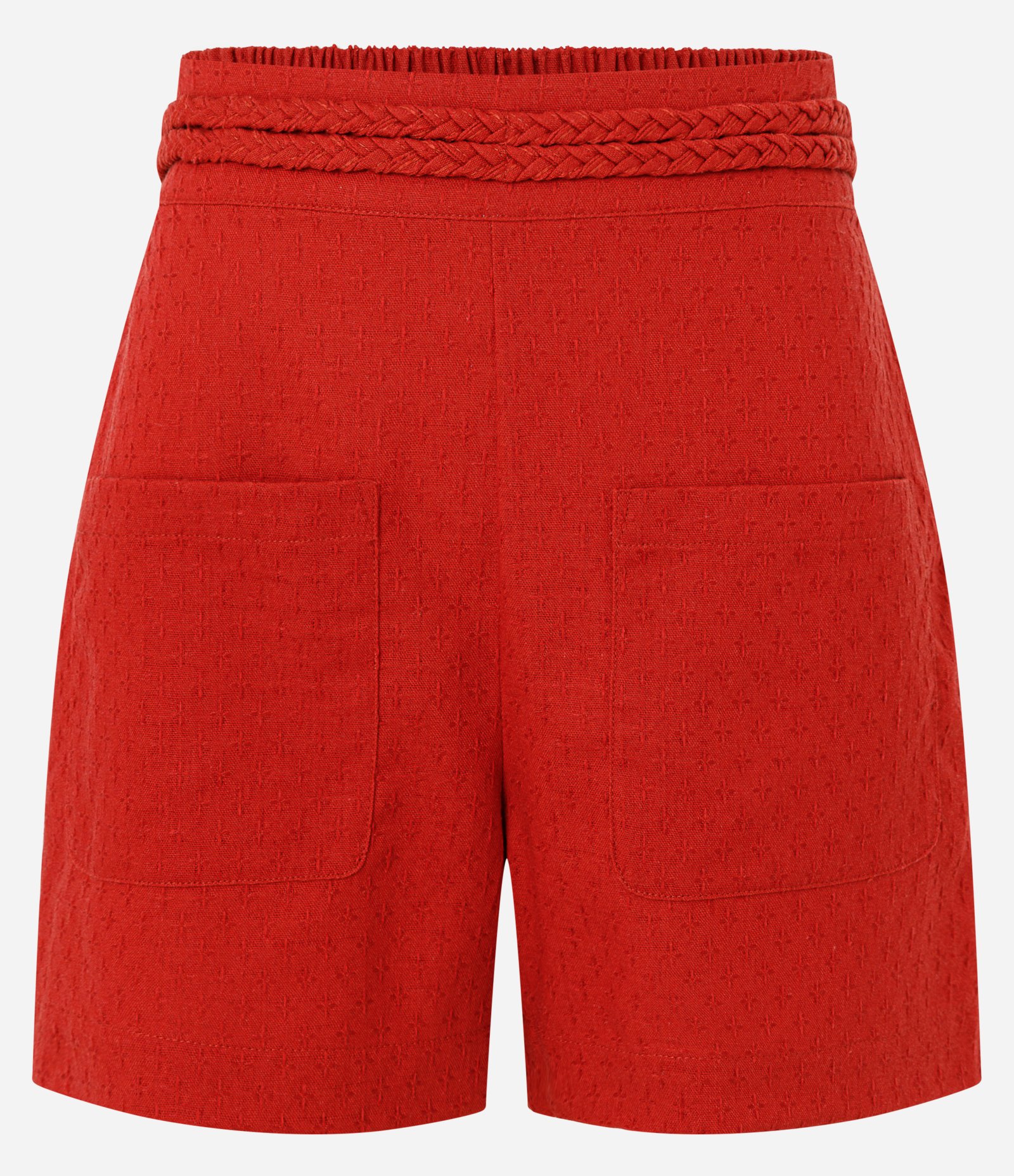 Short Curto com Textura Maquinetada com Bolsos e Cós Trançado Vermelho 5