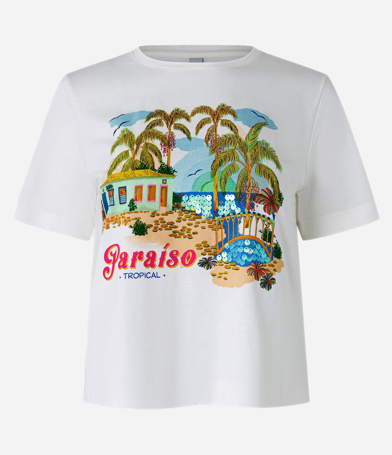 Blusa T-shirt em Algodão com Paetês Bordados e Estampa Paraíso Tropical Branco 4