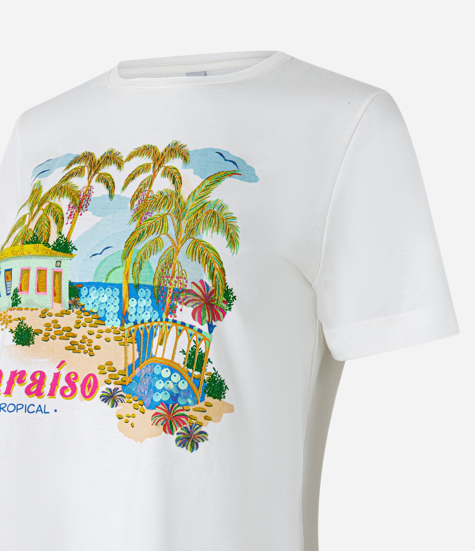 Blusa T-shirt em Algodão com Paetês Bordados e Estampa Paraíso Tropical Branco 5