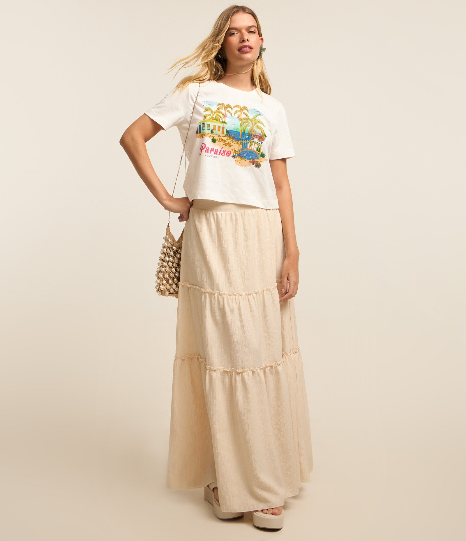 Blusa T-shirt em Algodão com Paetês Bordados e Estampa Paraíso Tropical Branco 2