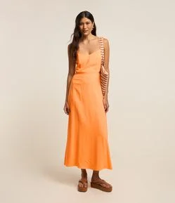 Vestido New Midi em Viscose e Linho e Recortes na Cintura