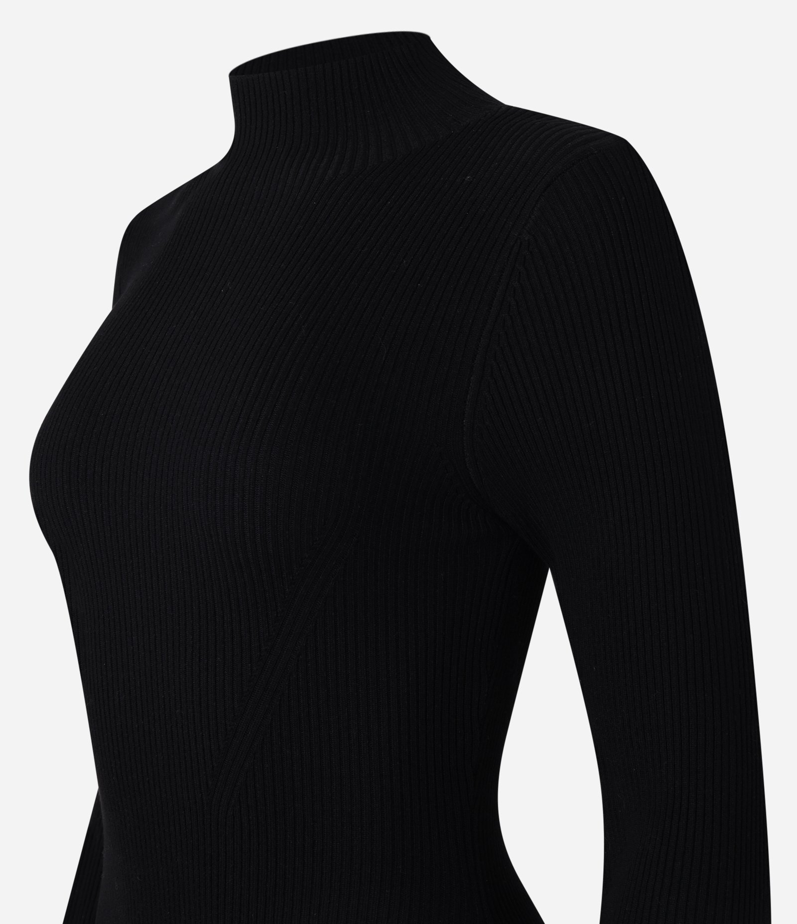 Vestido Evasê Curto em Tricô Canelado com Gola Alta Preto 6