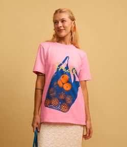 Camiseta Alongada em Algodão com Estampa Frontal Laranjas