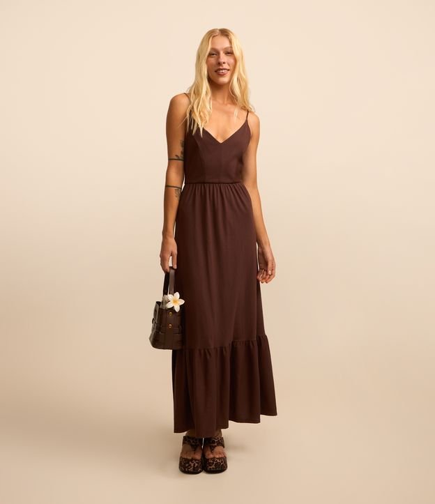 Vestido Long midi em Algodão com Costas Abertas e Babado na Barra