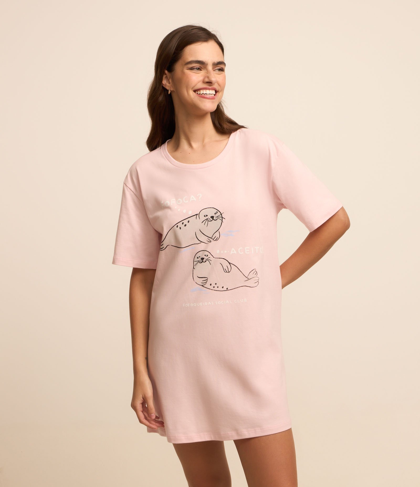 Camisola Curta em Algodão e Estampa Foca Fofoca Rosa 1