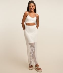 Saia New Midi em Tricô com Malha Telada e Bordado de Peixe