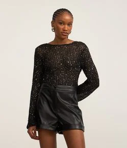 Blusa Cropped em Tricô com Paetês e Costas Abertas
