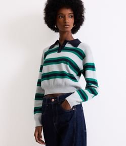 Suéter em Tricô com Listras e Gola Polo