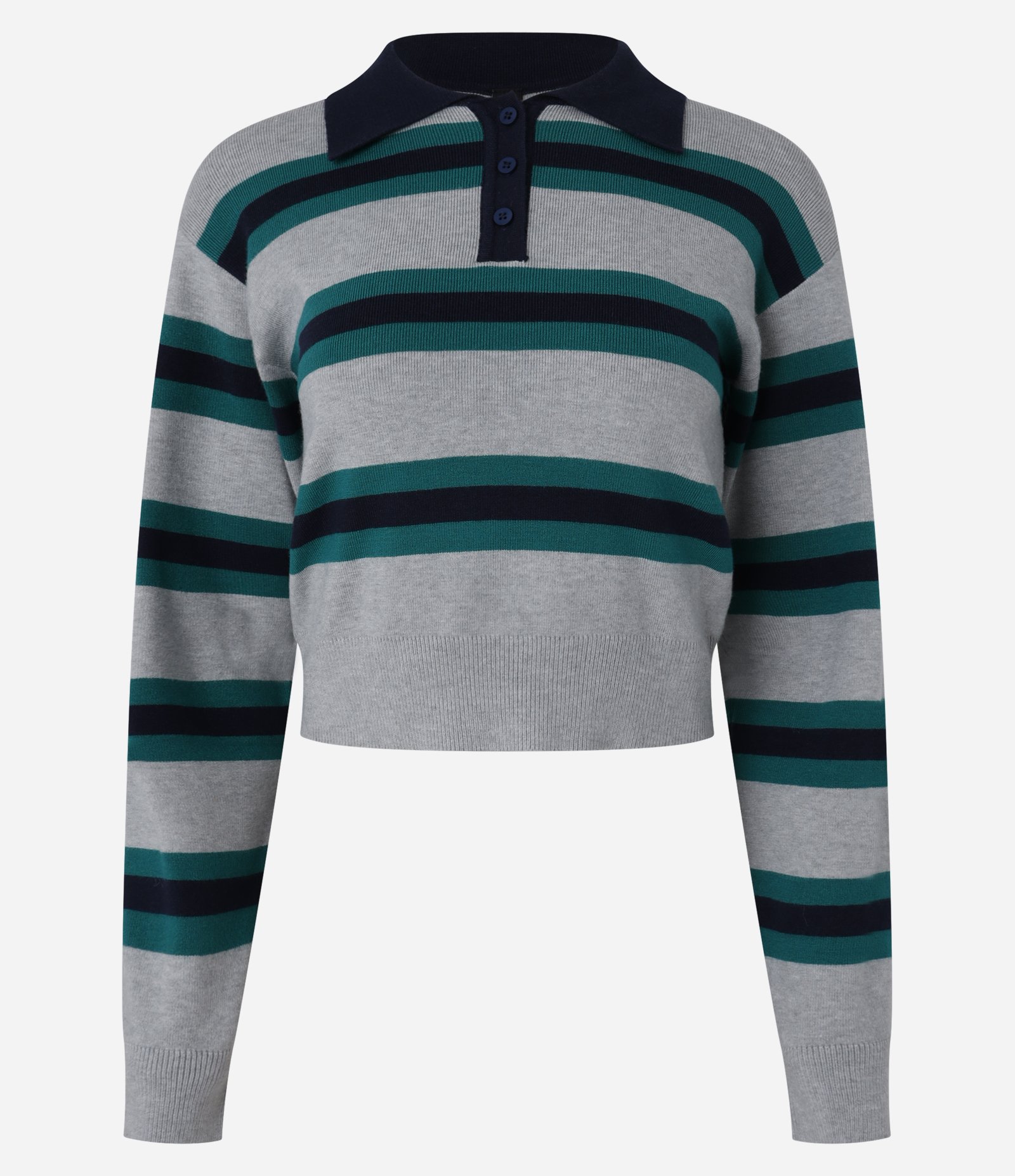 Suéter em Tricô com Listras e Gola Polo Cinza/Verde 6