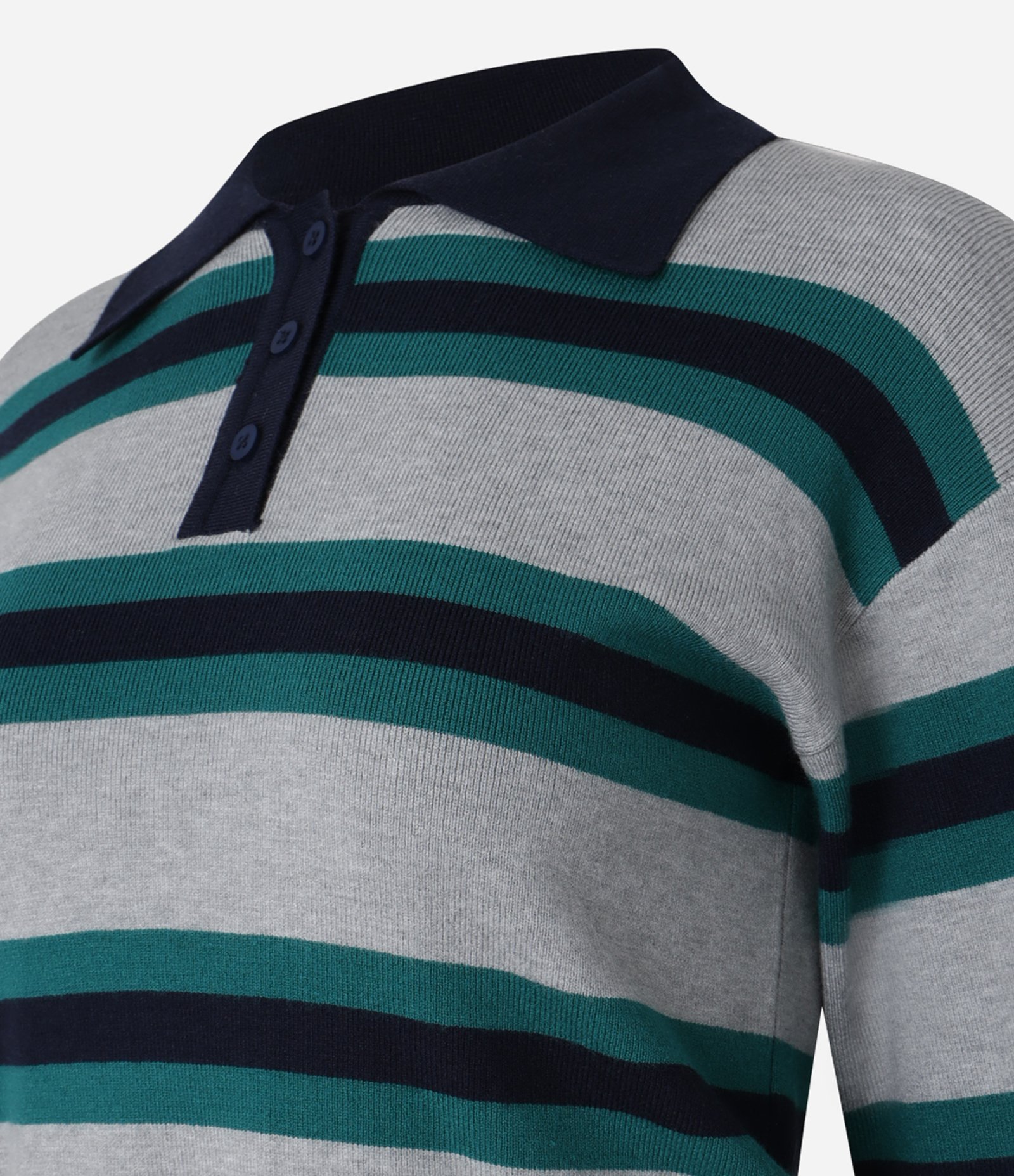 Suéter em Tricô com Listras e Gola Polo Cinza/Verde 7