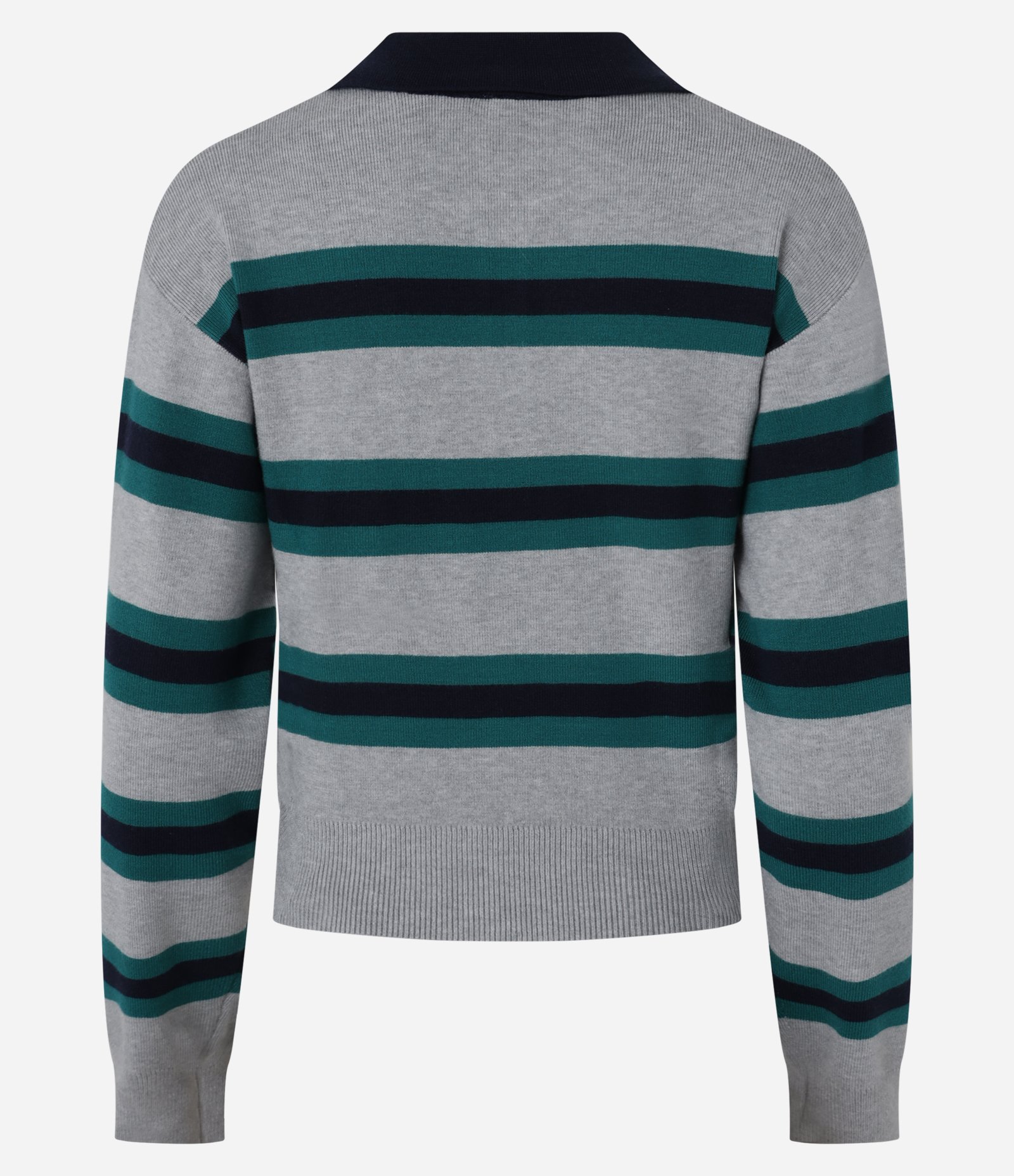 Suéter em Tricô com Listras e Gola Polo Cinza/Verde 8