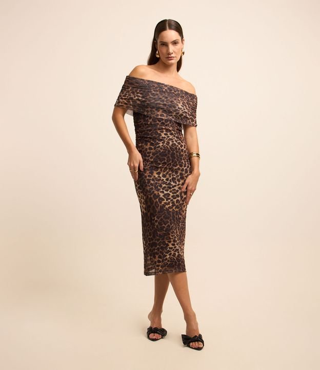 Vestido Midi em Tule Ombro a Ombro com Camada e  Animal Print