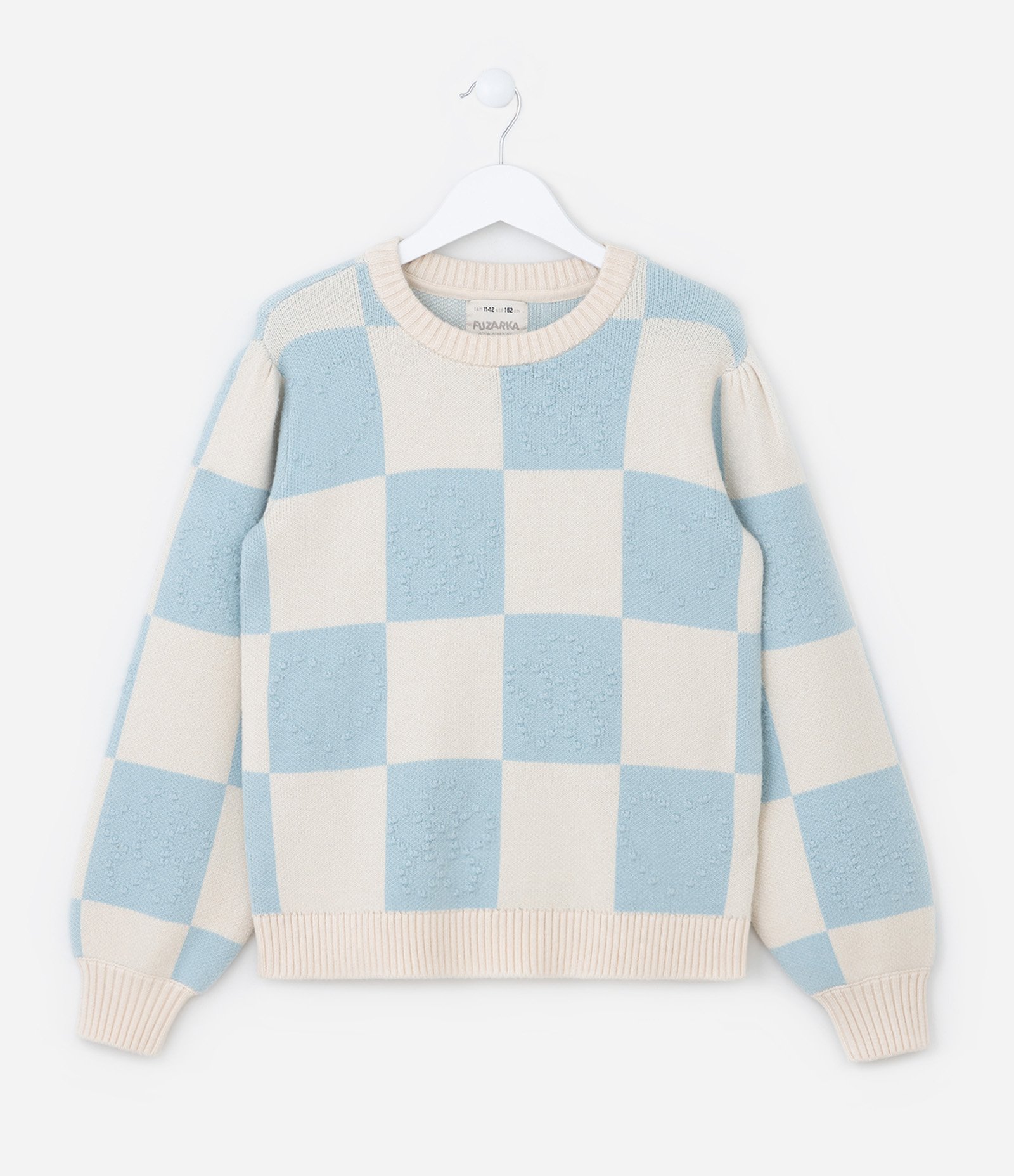 Blusão Infantil em Jacquard com Mangas Bufantes - Tam 5 a 14 Anos Azul/Off White 1