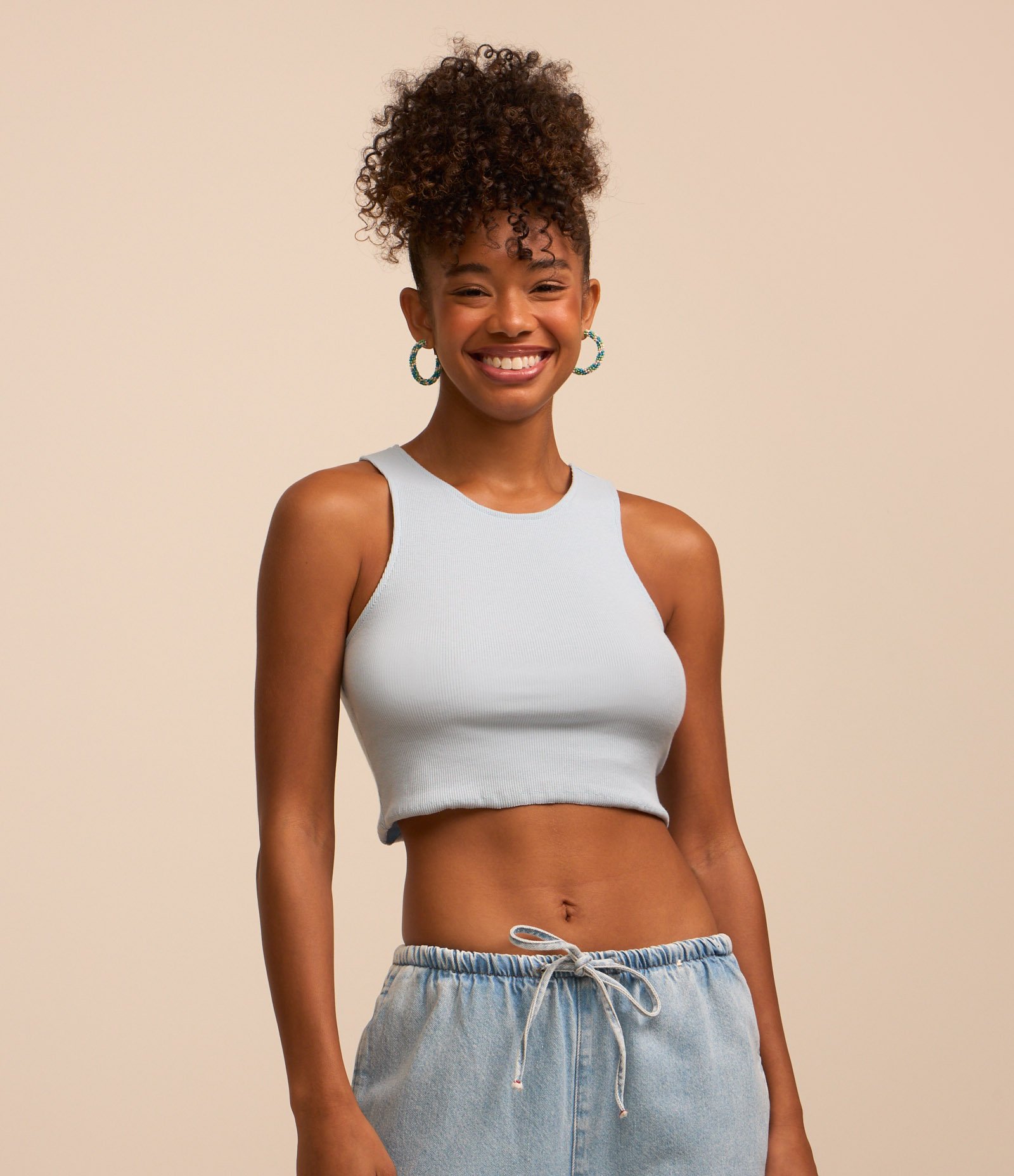 Blusa Cropped sem Manga em Algodão com Textura Canelada Azul 1